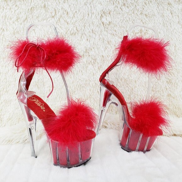 Red Furry Marabou Feather 7" High Heel Platform Shoe - Picture 1 of 15